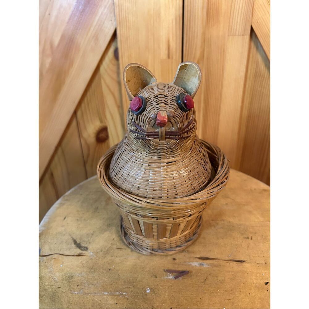 Vintage Wicker Cat-shaped Nesting Basket, Woven Basket with Lid (8564)